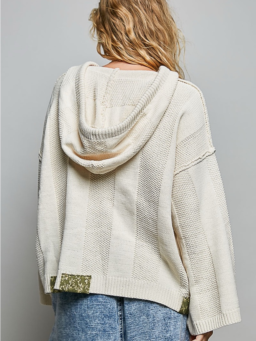 POL Cream Sunflower Embroidered Oversized Knit Boho Hoodie - Picture 6 of 8